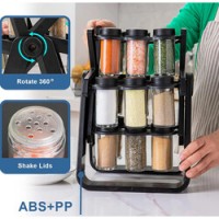Set 18 recipiente condimente cu suport rotativ, 34x23 cm, pivotant 360°, negru