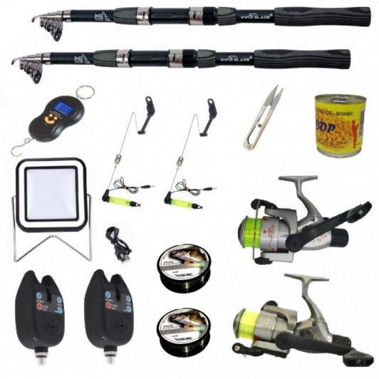Set complet de pescuit sportiv cu lanseta Wind Blade de 3 m,mulinete Cobra,2 senzori,guta,cantar