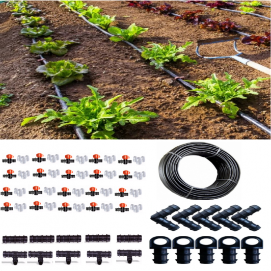 Kit complet Tub de picurare diametru 16 mm, rola 100 m, picuratori 40 cm, 4 L/h, plus 100 accesorii