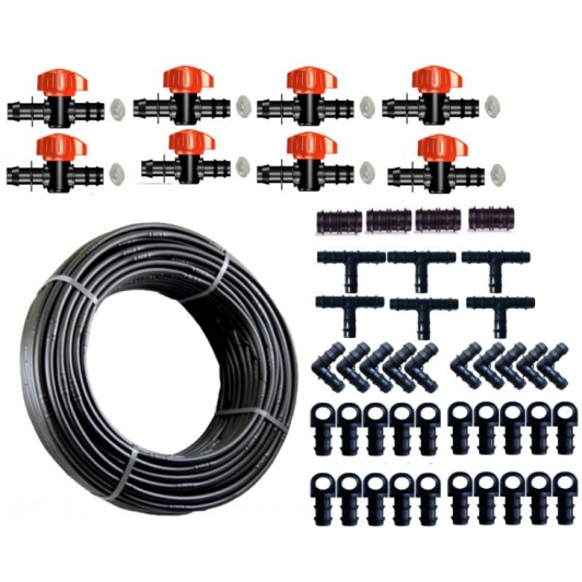 Kit complet Tub de picurare diametru 16 mm, rola 100 m, picuratori 50 cm, 4 L/h, plus 100 accesorii