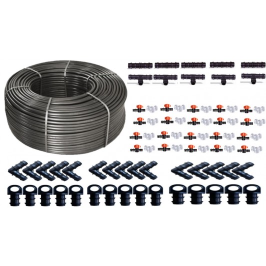 Kit complet Tub de picurare diametru 16 mm, rola 100 m, picuratori 50 cm, 4 L/h, plus 100 accesorii