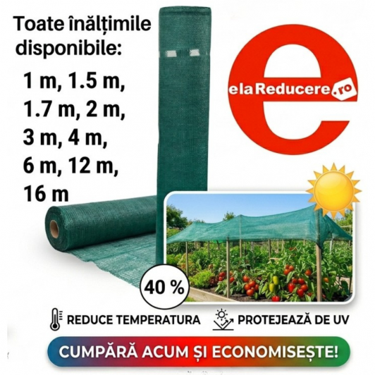 Plasa umbrire 6 m x 100 m, Densitate 40%, Protectie UV verde, ideala pentru sere, terase etc