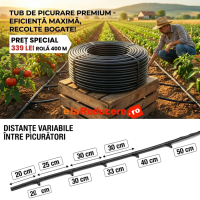 Tub de picurare 16 mm , rola de 400 m, distanta intre picuratori 20 cm, 4 L/h