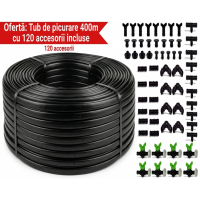 Tub de picurare 16 mm , rola de 400 m, distanta intre picuratori 20 cm, 4 L/h cu 120 accesorii