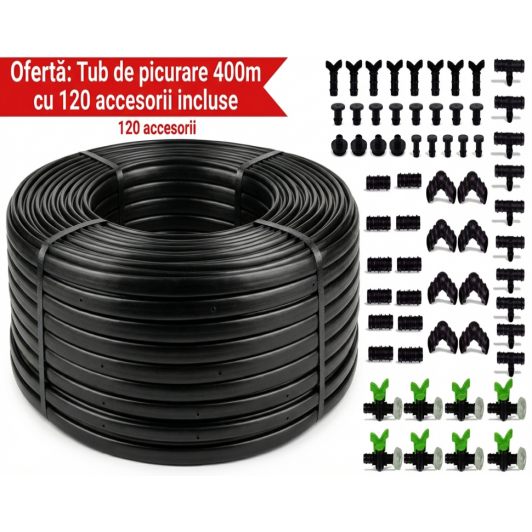 Tub de picurare 16 mm , rola de 400 m, distanta intre picuratori 25 cm, 4 L/h cu 120 accesorii