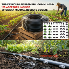 Tub de picurare 16 mm, rola de 400 m, distanta intre picuratori 30 cm, 4 L/h cu 120 accesorii
