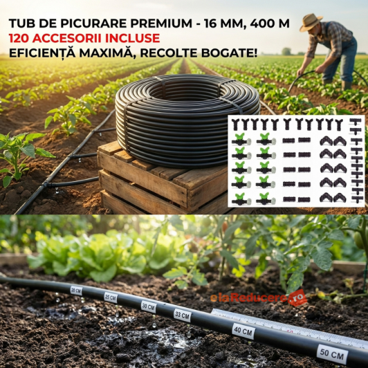 Tub de picurare 16 mm, rola de 400 m, distanta intre picuratori 30 cm, 4 L/h cu 120 accesorii