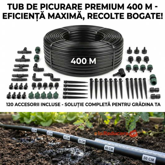 Tub de picurare 16 mm, rola de 400 m, distanta intre picuratori 40 cm, 4 L/h cu 120 accesorii Tub de picurare 16 mm, rola de 400 m, distanta intre picuratori 40 cm, 4 L/h cu 120 accesorii