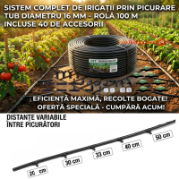 Tub de picurare diametru de 16 mm, rola 100 m, distanta picuratori 100 cm, 4 L/h, plus 40 accesorii