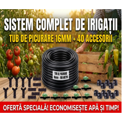 Tub de picurare diametru de 16 mm, rola 100m, distanta picuratori 33 cm, 4 L/h, plus 40 accesorii
