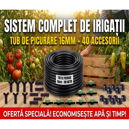Tub de picurare diametru de 16 mm, rola 100m, distanta picuratori 33 cm, 4 L/h, plus 40 accesorii