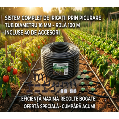 Tub de picurare diametru de 16 mm, rola 100m, distanta picuratori 33 cm, 4 L/h, plus 40 accesorii