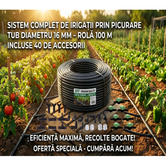 Tub de picurare diametru de 16 mm, rola 100m, distanta picuratori 33 cm, 4 L/h, plus 40 accesorii