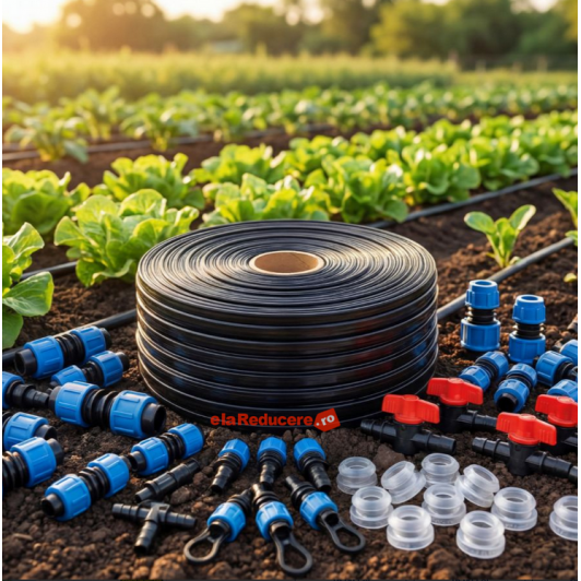 Banda de picurare 100 m PLUS 40 accesorii, 40 in 40 cm, 2.2 l/h, 6 mil, D-16 mm, cu DUZE