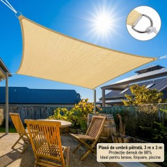 Copertina crem plasa umbrire 3m x 3m, patrata, deasa 98 %  cu 4 inele, parasolar terase si foisoare