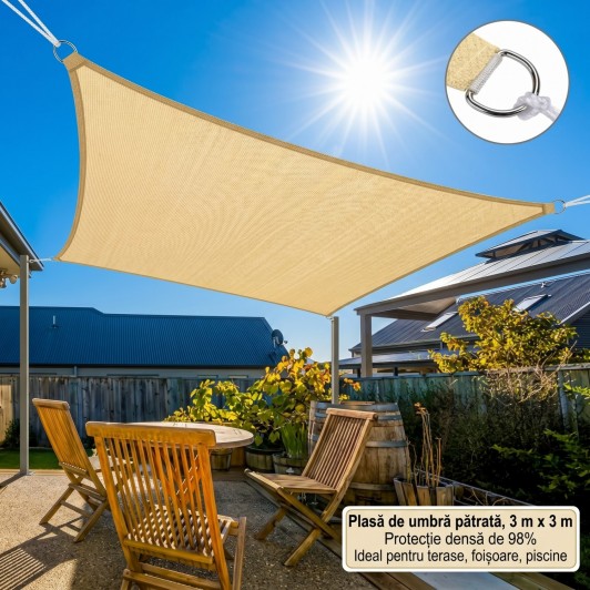 Copertina crem plasa umbrire 3m x 3m, patrata, deasa 98 %  cu 4 inele, parasolar terase si foisoare