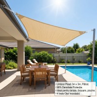 Copertina crem plasa umbrire 3m x 3m, patrata, deasa 98 %  cu 4 inele, parasolar terase si foisoare