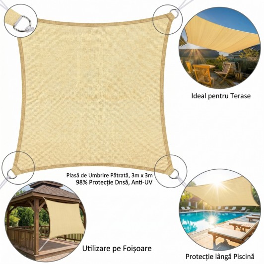 Copertina crem plasa umbrire 4 m x 4m, patrata, deasa 98 %  cu 4 inele, parasolar terase si foisoare