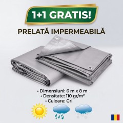 1+1 GRATIS Prelata impermeabila 6 m x 8 m , densitate 110 gr/m2, rezistenta UV , Gri, total 96 m2