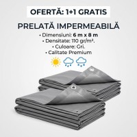 1+1 GRATIS Prelata impermeabila 6 m x 8 m , densitate 110 gr/m2, rezistenta UV , Gri, total 96 m2