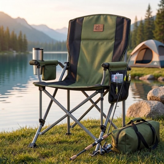 Scaun pliabil pentru pescuit / camping cu cadru metalic rezistent + accesorii depozitare