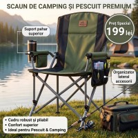Scaun pliabil pentru pescuit / camping cu cadru metalic rezistent + accesorii depozitare