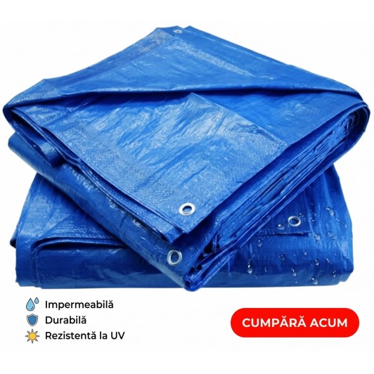 Prelata impermeabila 8 m x 16 m cu inele, denistate 175 g/m2, calitate premium, albastra