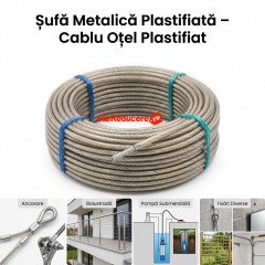 Șufă Metalică Plastifiată 100 m x 8mm, cablu oțel plastifiat pentru ancorare, balustrade, gospodărie