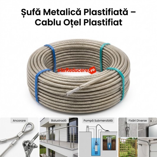 Șufă Metalică Plastifiată 100 m x 8mm, cablu oțel plastifiat pentru ancorare, balustrade, gospodărie Șufă Metalică Plastifiată 100 m x 8mm, cablu oțel plastifiat pentru ancorare, balustrade, gospodărie