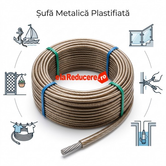 Șufă Metalică Plastifiată 200 m x 6mm, cablu oțel plastifiat pentru ancorare, balustrade, gospodărie Șufă Metalică Plastifiată 200 m x 6mm, cablu oțel plastifiat pentru ancorare, balustrade, gospodărie