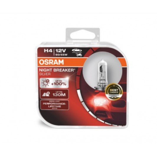 Set 2 becuri 12V H4 60/55 W night breaker silver +100% OSRAM