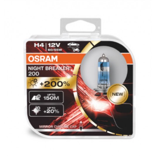 Set 2 becuri 12V H4 60/55 W night breaker +200% OSRAM