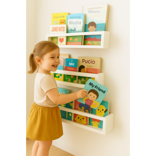 Set 3 etajere carti Montessori din lemn - 60 cm Albe