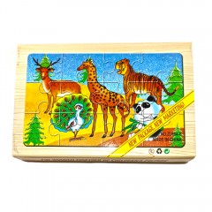Puzzle lemn animale din jungla - 4 planse * 12 piese, cutie cu inchidere magnet