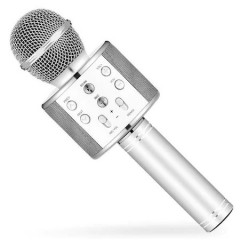 Microfon Karaoke Wireless Bluetooth cu boxa incorporata 23 cm argintiu