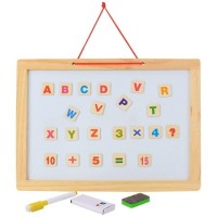 Tabla lemn cu fata dubla, litere, cifre, tangram si accesorii de scris 38 * 28 cm