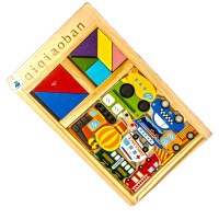 Puzzle tip tetris cu mini tangram si masinute din lemn 28 cm