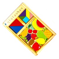 Puzzle tip tetris cu mini tangram si fructe din lemn 28 cm