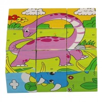 Puzzle 9 cuburi din lemn cu 6 desene dinozauri