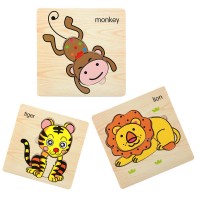 Set 3 puzzle lemn cu animale - tigru - lemn - maimuta 15x15 cm