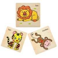 Set 3 puzzle lemn cu animale - tigru - lemn - maimuta 15x15 cm