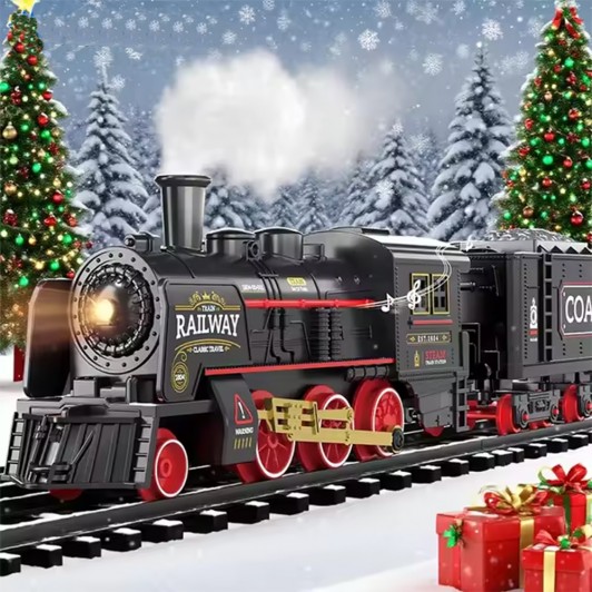 Trenulet electric retro cu sunete, abur, lumini, macaz, 5 vagoane si 4m sina