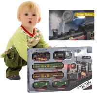 Trenulet electric retro cu sunete, abur, lumini, macaz, 5 vagoane si 4m sina