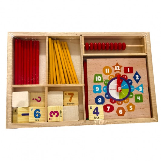Joc matematica din lemn cu betisoare, tangram si ceas