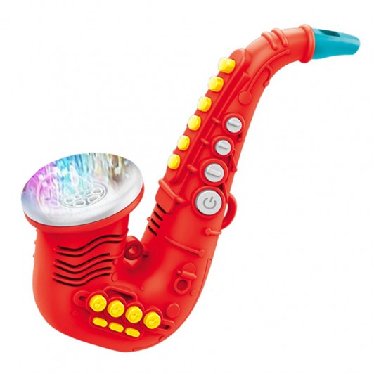 Saxofon de jucarie rosu cu baloane, muzica si lumini Saxofon de jucarie rosu cu baloane, muzica si lumini