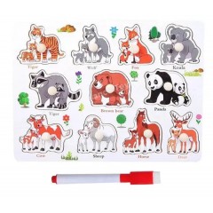Puzzle din lemn cu animale si tablă de scris – jucărie educativă 2 în 1
