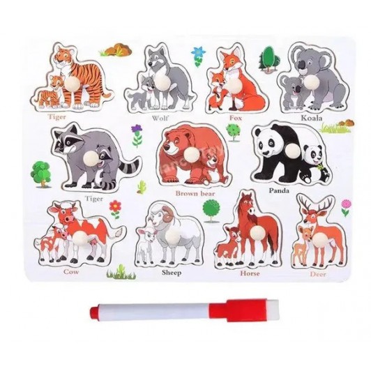 Puzzle din lemn cu animale si tablă de scris – jucărie educativă 2 în 1 Puzzle din lemn cu animale si tablă de scris – jucărie educativă 2 în 1