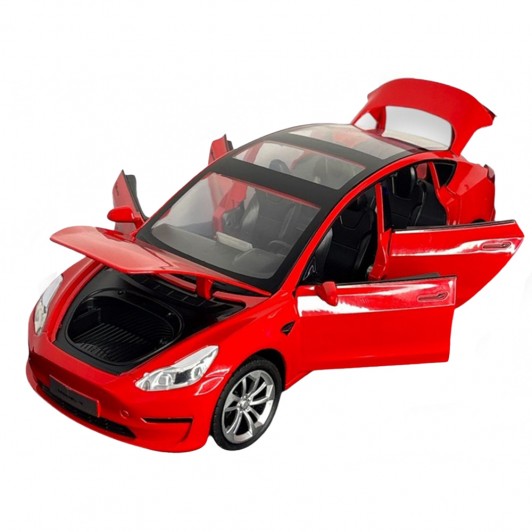 Masinuta metalica 20 cm, 1:24 Tesla Model 3, rosie, deschidere usi, lumini si sunet