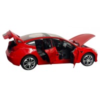 Masinuta metalica 20 cm, 1:24 Tesla Model 3, rosie, deschidere usi, lumini si sunet