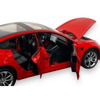 Masinuta metalica 20 cm, 1:24 Tesla Model 3, rosie, deschidere usi, lumini si sunet